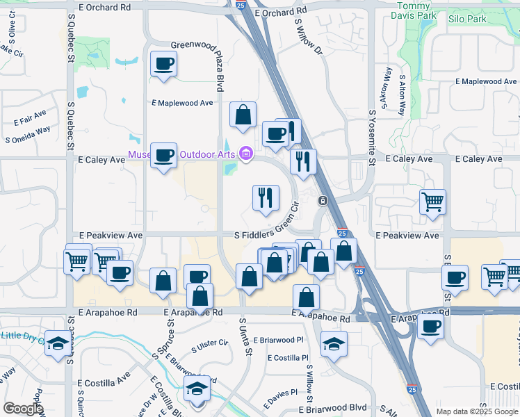 map of restaurants, bars, coffee shops, grocery stores, and more near 6363 South Fiddlers Green Circle in Greenwood Village