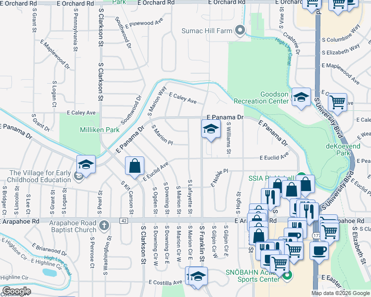 map of restaurants, bars, coffee shops, grocery stores, and more near 6451 South Lafayette Street in Centennial