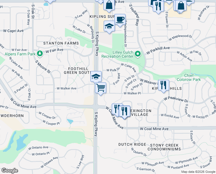 map of restaurants, bars, coffee shops, grocery stores, and more near 6412 South Johnson Street in Littleton