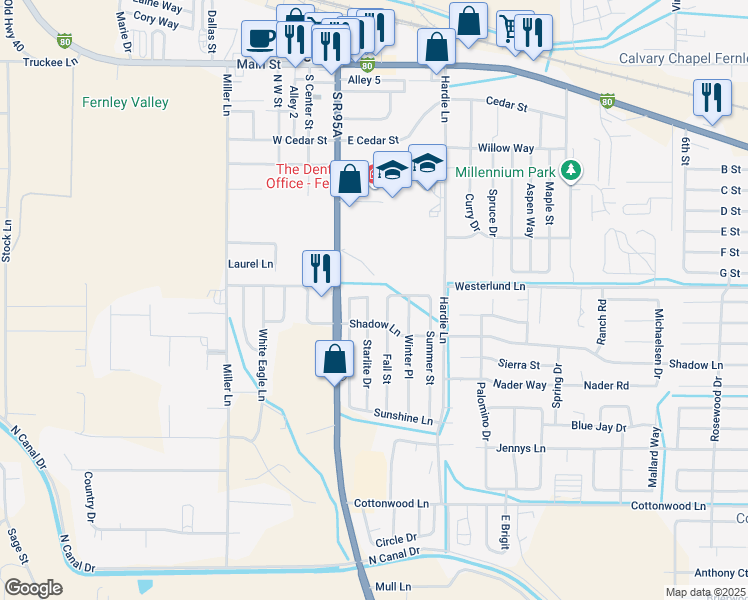 map of restaurants, bars, coffee shops, grocery stores, and more near 55 Cloud Drive in Fernley