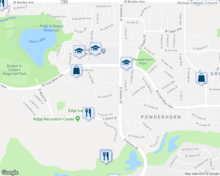 map of restaurants, bars, coffee shops, grocery stores, and more near 6534 South Swadley Court in Littleton
