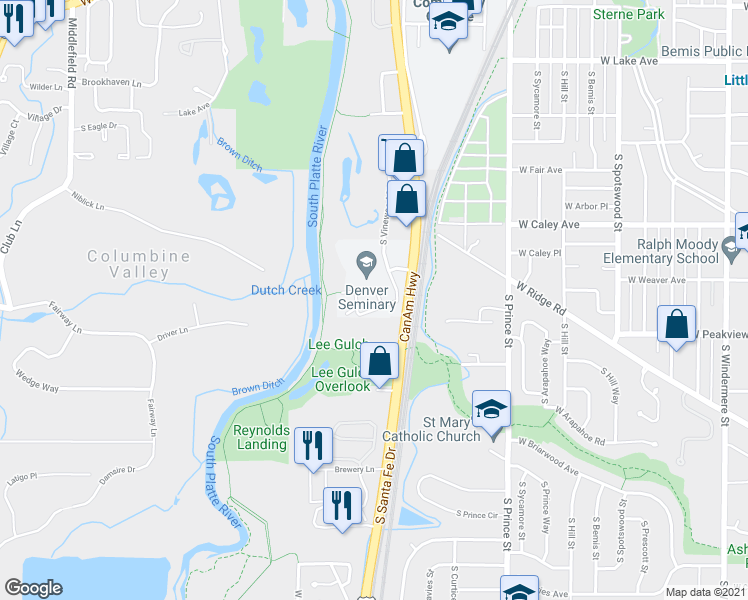 map of restaurants, bars, coffee shops, grocery stores, and more near 6409 South Vinewood Street in Littleton