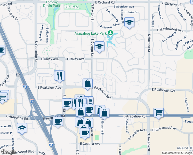 map of restaurants, bars, coffee shops, grocery stores, and more near 6400 South Dayton Street in Englewood