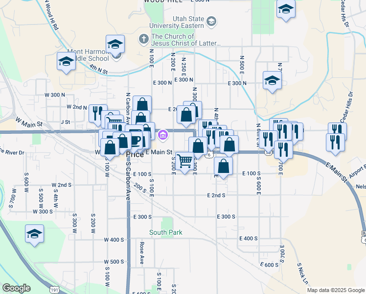 map of restaurants, bars, coffee shops, grocery stores, and more near 233 East Main Street in Price