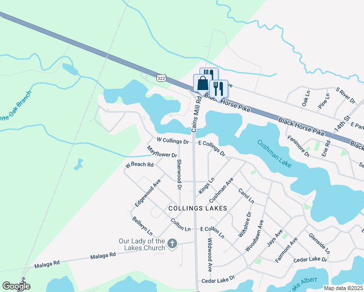 map of restaurants, bars, coffee shops, grocery stores, and more near 7 West Collings Drive in Buena Vista Township