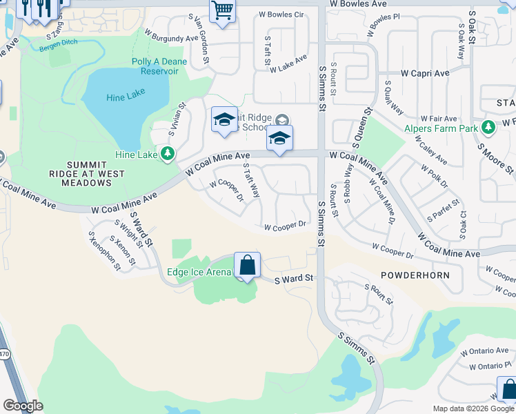 map of restaurants, bars, coffee shops, grocery stores, and more near 6533 South Taft Way in Littleton