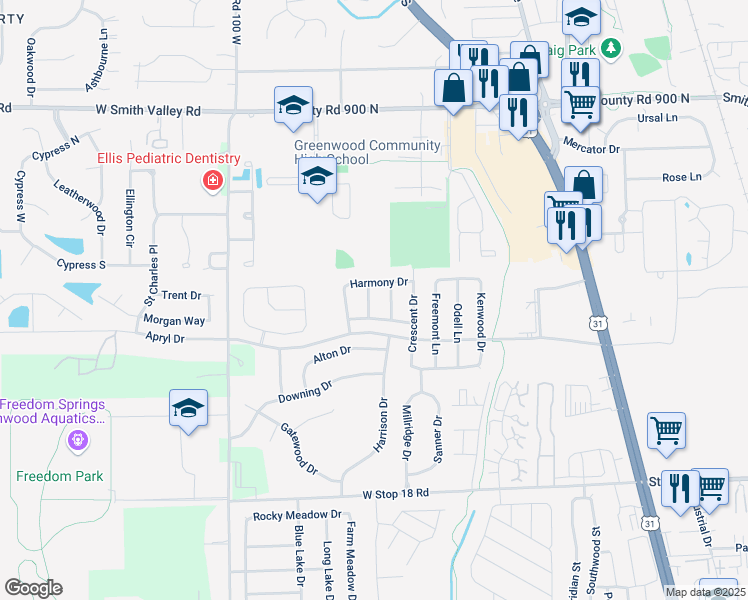 map of restaurants, bars, coffee shops, grocery stores, and more near 1209 Porchester Lane in Greenwood