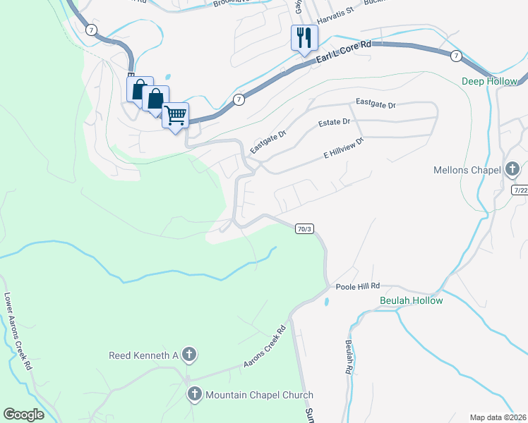 map of restaurants, bars, coffee shops, grocery stores, and more near 287 Summers School Road in Morgantown