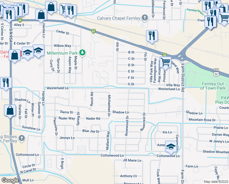 map of restaurants, bars, coffee shops, grocery stores, and more near 100 Primrose Drive in Fernley