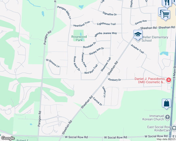 map of restaurants, bars, coffee shops, grocery stores, and more near 9830 Pawnee Pass in Dayton