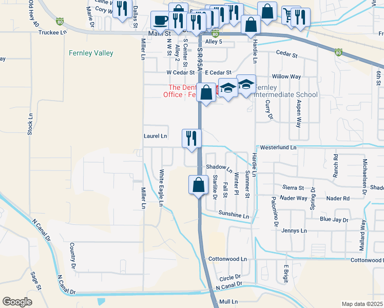 map of restaurants, bars, coffee shops, grocery stores, and more near 140 Shadow Lane in Fernley