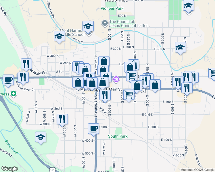 map of restaurants, bars, coffee shops, grocery stores, and more near 95 East Main Street in Price
