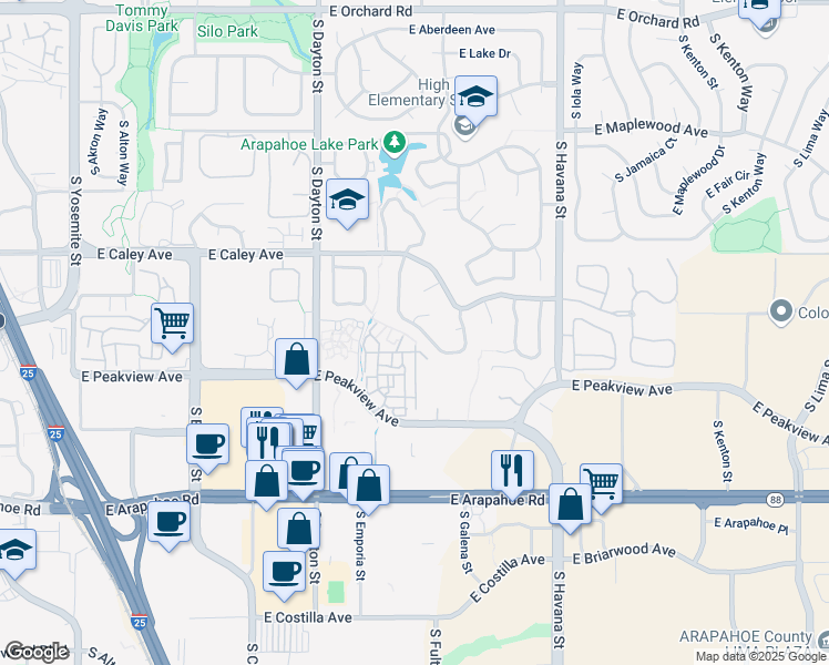 map of restaurants, bars, coffee shops, grocery stores, and more near 6385 South Florence Way in Englewood