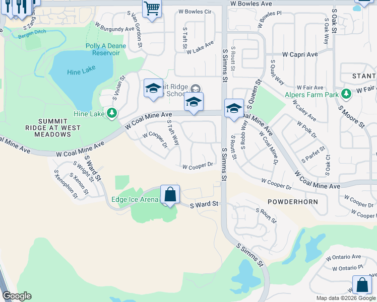 map of restaurants, bars, coffee shops, grocery stores, and more near 6531 South Tabor Street in Littleton