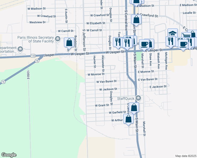 map of restaurants, bars, coffee shops, grocery stores, and more near 501-599 West Van Buren Street in Paris