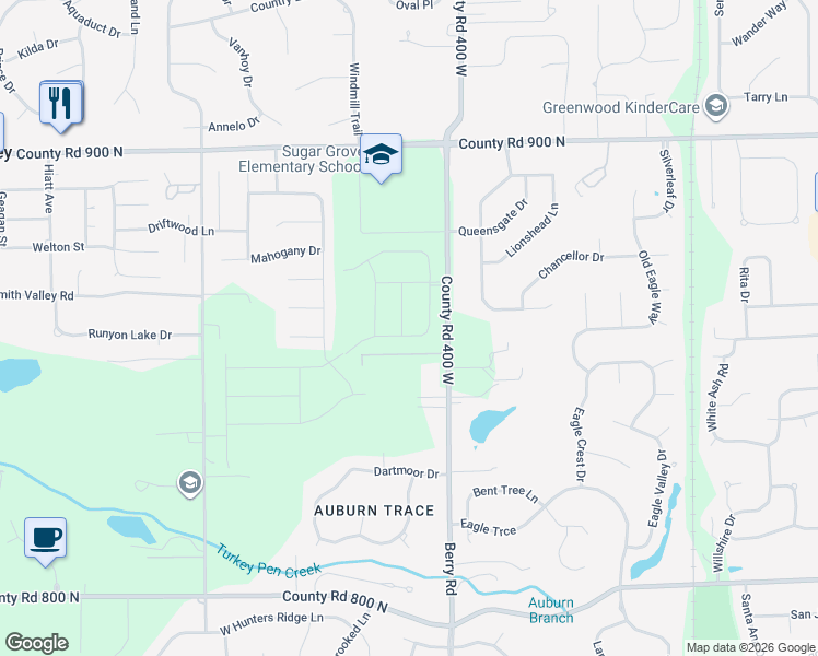 map of restaurants, bars, coffee shops, grocery stores, and more near 1154 Co Road 850 North in Greenwood
