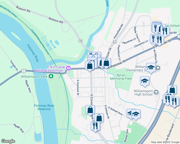 map of restaurants, bars, coffee shops, grocery stores, and more near 26 North Conococheague Street in Williamsport