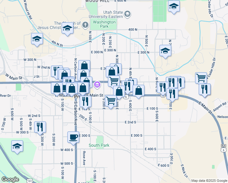 map of restaurants, bars, coffee shops, grocery stores, and more near 233 East Main Street in Price