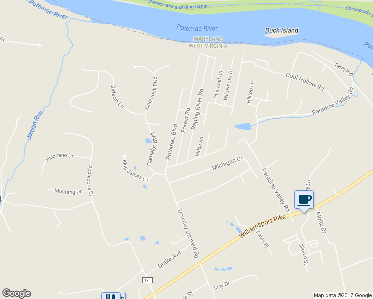 map of restaurants, bars, coffee shops, grocery stores, and more near 57 Raging River Road in Falling Waters