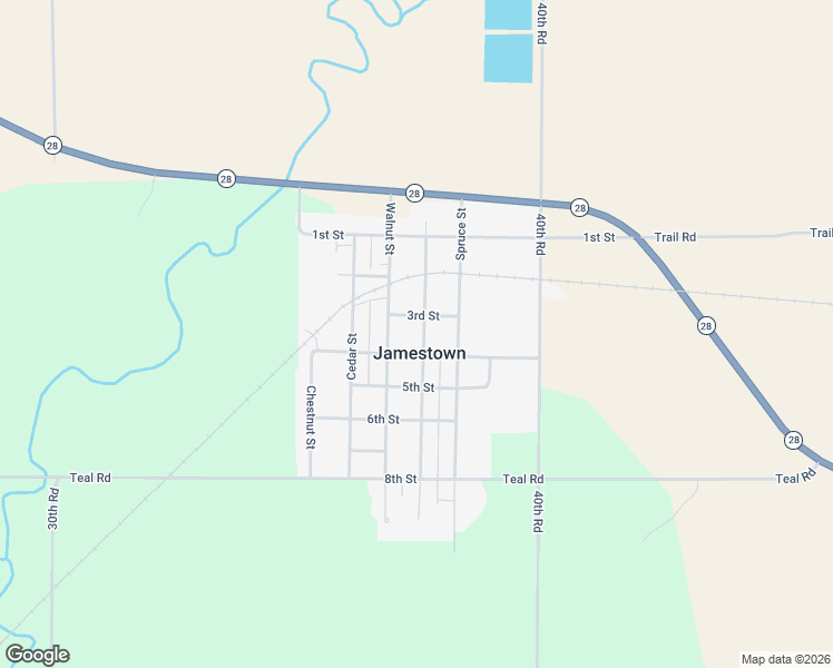 map of restaurants, bars, coffee shops, grocery stores, and more near 304 Elm Street in Jamestown