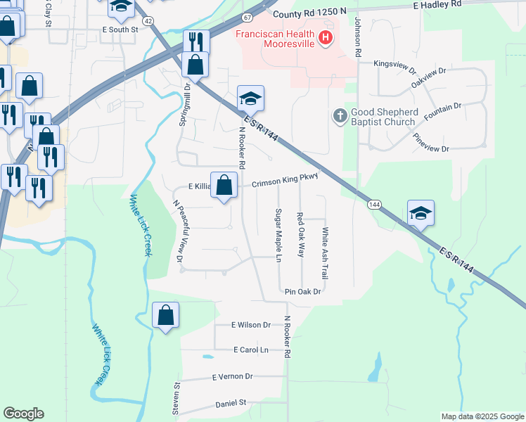 map of restaurants, bars, coffee shops, grocery stores, and more near 621 Tulip Poplar Court in Mooresville