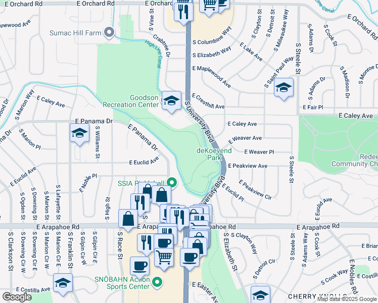 map of restaurants, bars, coffee shops, grocery stores, and more near in Centennial