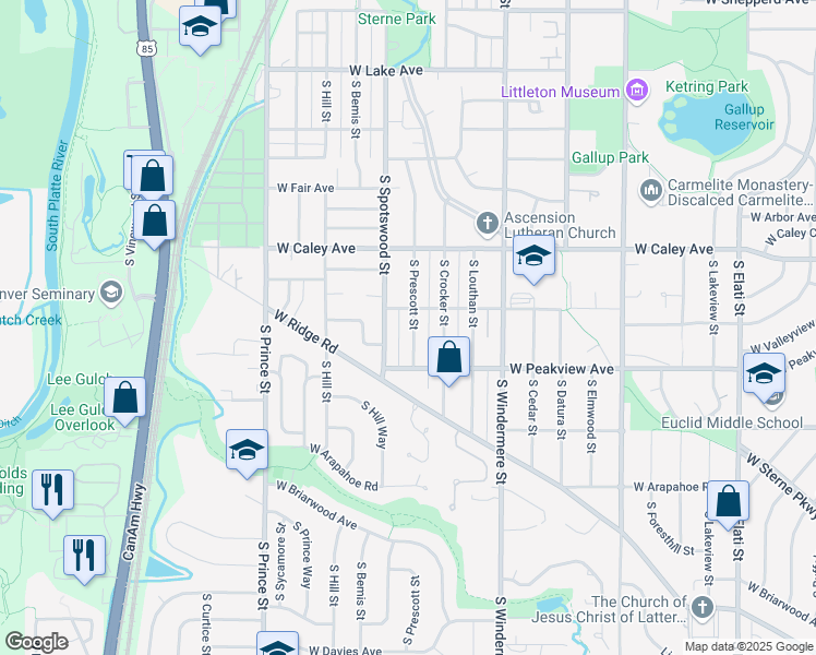 map of restaurants, bars, coffee shops, grocery stores, and more near 6433 South Prescott Street in Littleton