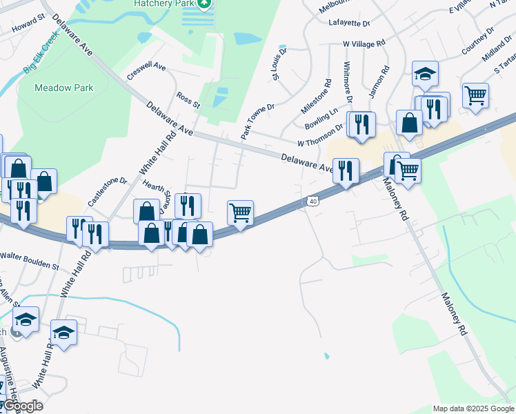map of restaurants, bars, coffee shops, grocery stores, and more near 607 East Pulaski Highway in Elkton