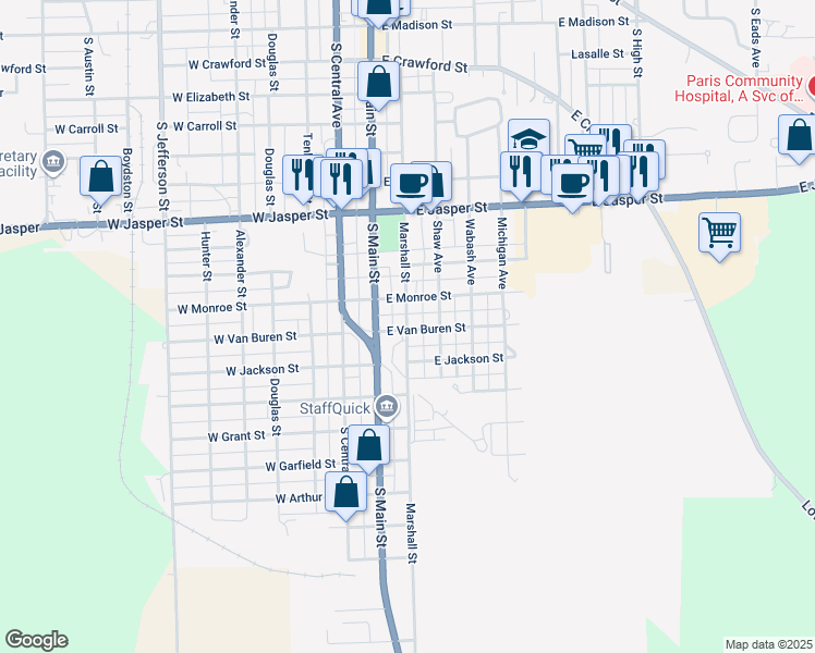 map of restaurants, bars, coffee shops, grocery stores, and more near 201 East Van Buren Street in Paris