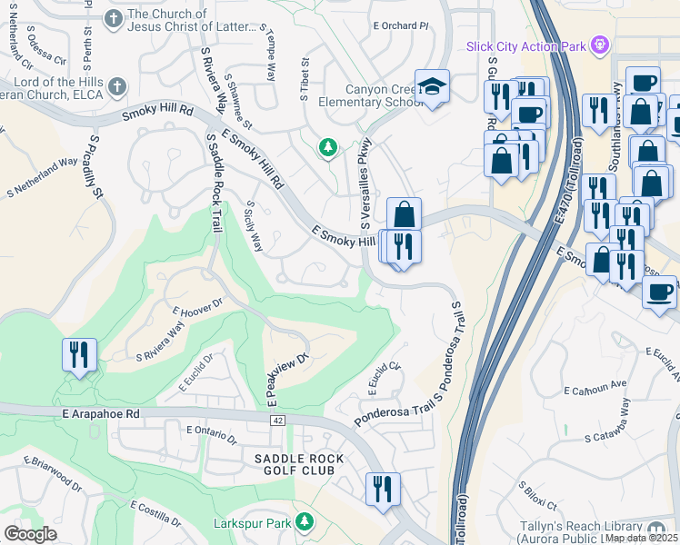 map of restaurants, bars, coffee shops, grocery stores, and more near 22687 East Weaver Drive in Aurora