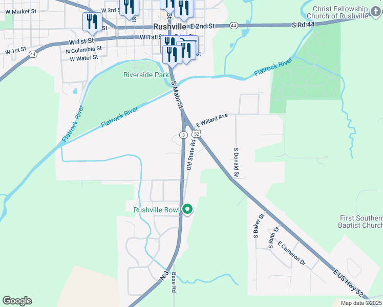 map of restaurants, bars, coffee shops, grocery stores, and more near 550 Old State Road in Rushville