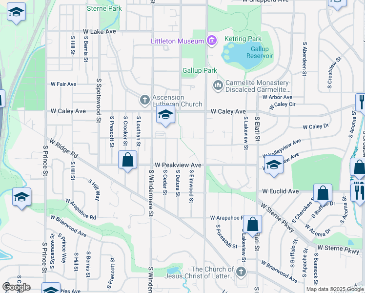 map of restaurants, bars, coffee shops, grocery stores, and more near 6424 South Datura Street in Littleton