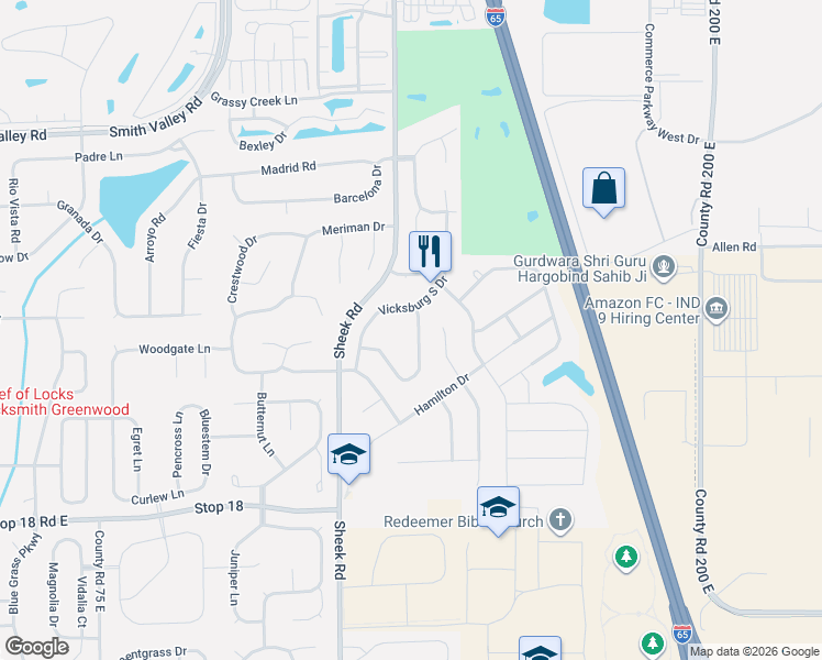 map of restaurants, bars, coffee shops, grocery stores, and more near 1312 Flintlock Drive in Greenwood