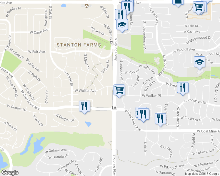 map of restaurants, bars, coffee shops, grocery stores, and more near 6452 South Kipling Court in Littleton