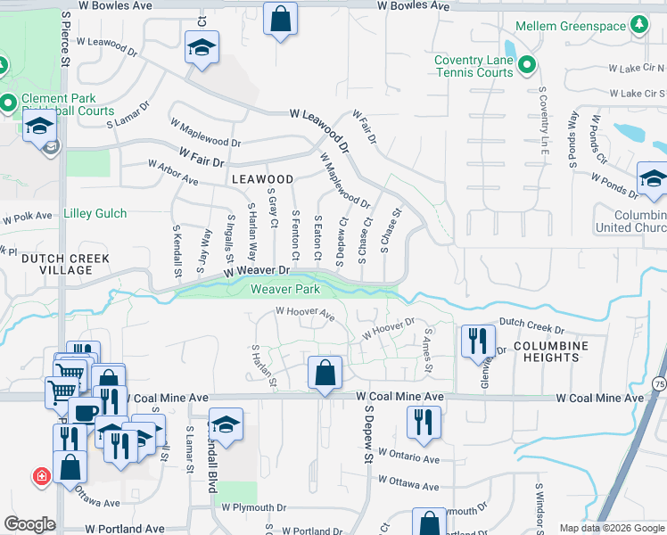 map of restaurants, bars, coffee shops, grocery stores, and more near 6384 South Eaton Court in Littleton