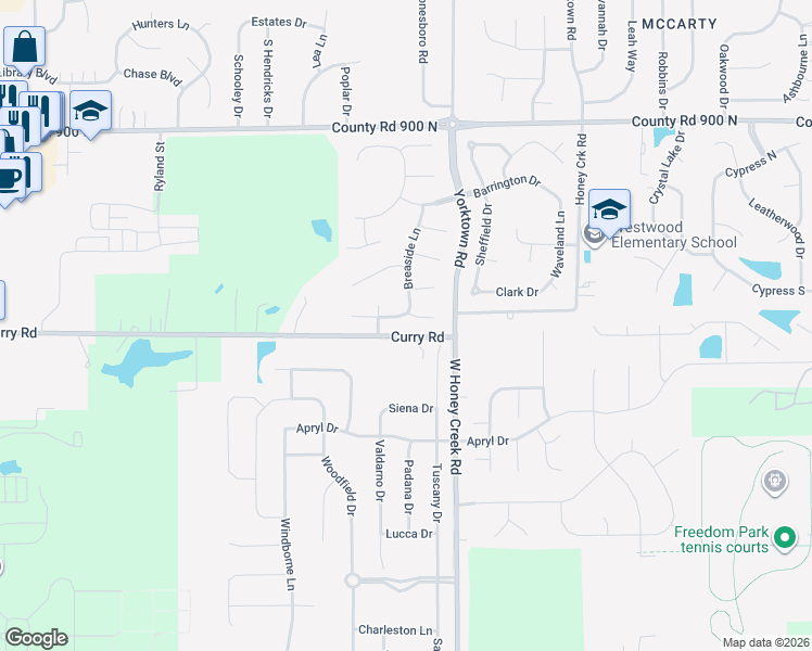 map of restaurants, bars, coffee shops, grocery stores, and more near 1229 Elm Grove Way in Greenwood