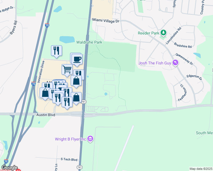 map of restaurants, bars, coffee shops, grocery stores, and more near 10331 Springpointe Circle in Miamisburg