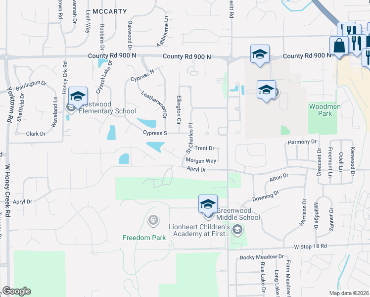 map of restaurants, bars, coffee shops, grocery stores, and more near 719 Trent Drive in Greenwood