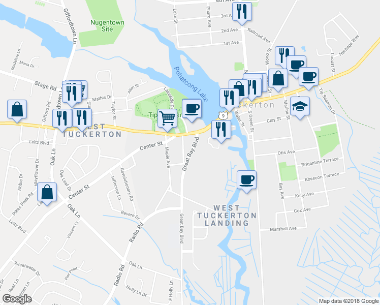 map of restaurants, bars, coffee shops, grocery stores, and more near 42 Great Bay Boulevard in Tuckerton