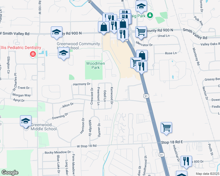 map of restaurants, bars, coffee shops, grocery stores, and more near 1190 Kenwood Drive in Greenwood