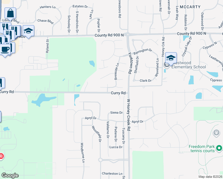 map of restaurants, bars, coffee shops, grocery stores, and more near 1229 Elm Grove Way in Greenwood