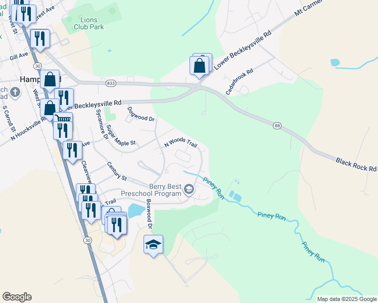 map of restaurants, bars, coffee shops, grocery stores, and more near 842 Gaming Square in Hampstead