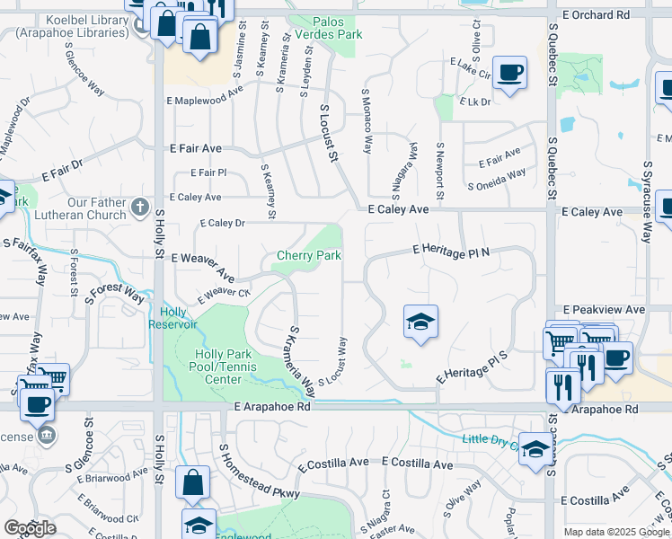 map of restaurants, bars, coffee shops, grocery stores, and more near 6379 South Locust Way in Centennial