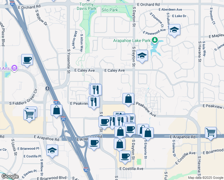 map of restaurants, bars, coffee shops, grocery stores, and more near 6450 South Boston Street in Greenwood Village