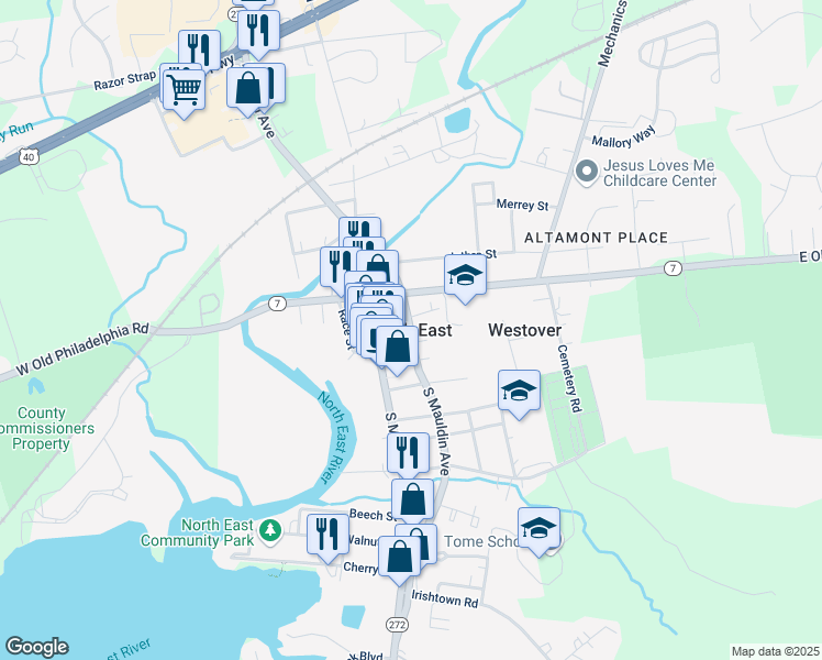 map of restaurants, bars, coffee shops, grocery stores, and more near 42-98 South Mauldin Avenue in North East