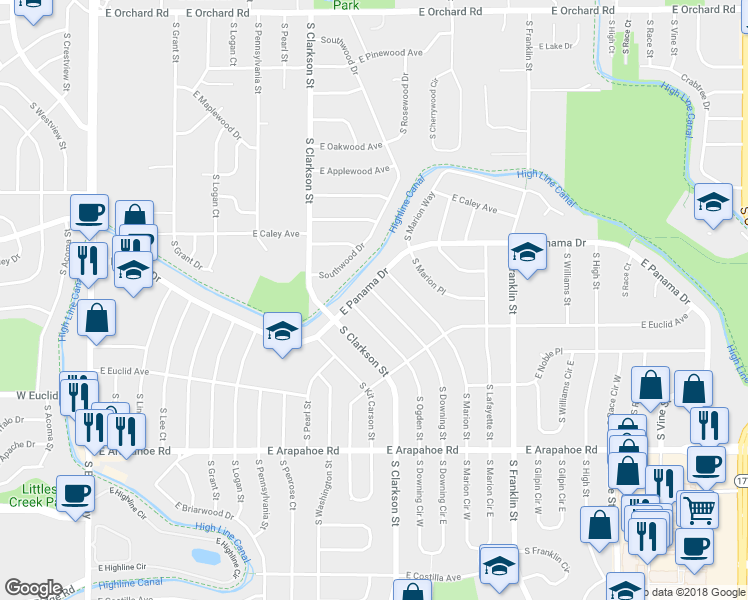 map of restaurants, bars, coffee shops, grocery stores, and more near 6413 South Downing Street in Centennial