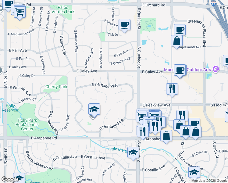map of restaurants, bars, coffee shops, grocery stores, and more near 6469 South Pontiac Court in Centennial
