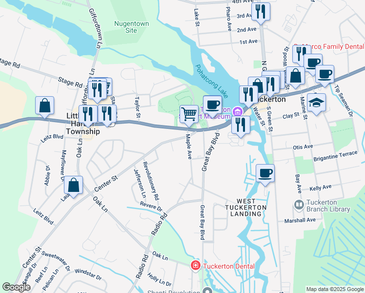 map of restaurants, bars, coffee shops, grocery stores, and more near 146 Maple Avenue in Tuckerton