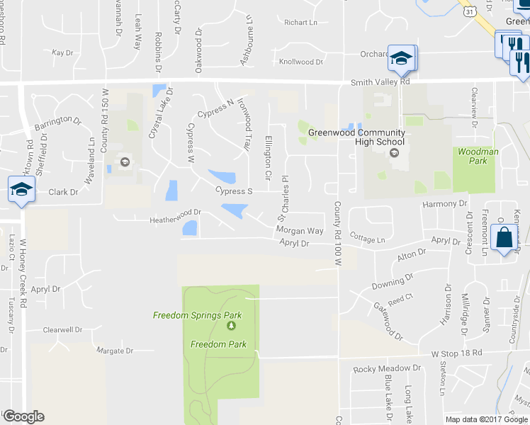 map of restaurants, bars, coffee shops, grocery stores, and more near 1043 Drew Court in Greenwood