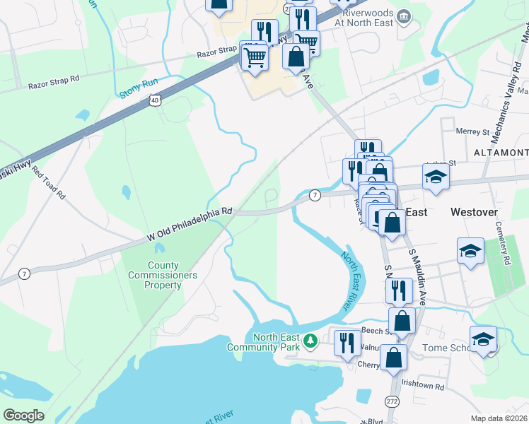 map of restaurants, bars, coffee shops, grocery stores, and more near 309 West Cecil Avenue in North East